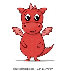 Dragon cartoon character. Cute red dragon. Sticker emoticon with happines emotion. Vector illustration on white background