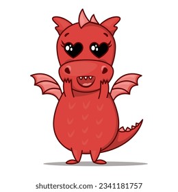 Dragon cartoon character. Cute red dragon with heart eyes. Sticker emoticon with in love, infatuation, adoration emotion. Vector illustration on white background
