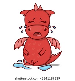 Dragon cartoon character. Cute red dragon loudly crying. Sticker emoticon with cry emotion. Vector illustration on white background