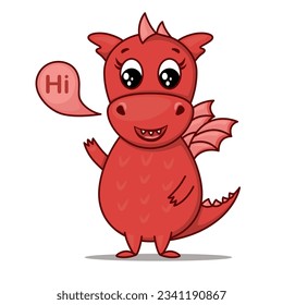 Dragon cartoon character. Cute red dragon waving hand and say "Hi". Sticker emoticon with welcome emotion. Vector illustration on white background
