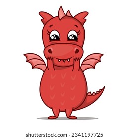 Dragon cartoon character. Cute red dragon. Sticker emoticon with liking, endearment, goodwill, adoration, sweetheart emotion. Vector illustration on white background