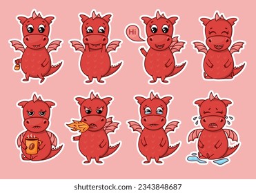 Dragon cartoon character. Cute red dragon sticker emoticon with  different emotions. Vector illustration on white background