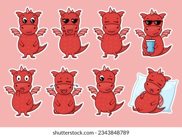 Dragon cartoon character. Cute red dragon sticker emoticon with  different emotions. Vector illustration on white background
