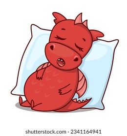 Dragon cartoon character. Cute sleeping on big pillow red dragon. Sticker emoticon with sleep, dreaming, nap, relaxing, rest emotion. Vector illustration on white background