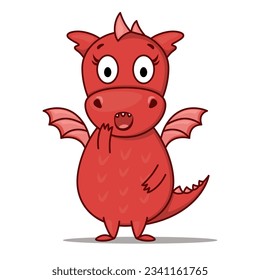 Dragon cartoon character. Cute surprised red dragon. Sticker emoticon with surprise emotion. Vector illustration on white background