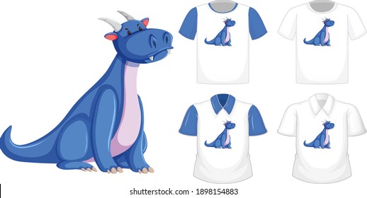 Dragon cartoon character logo on different white shirt with blue short sleeves isolated on white background illustration
