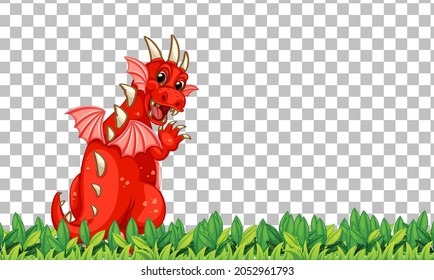 Dragon cartoon character on green grass on transparent background illustration