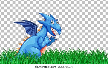 Dragon cartoon character on green grass on transparent background illustration