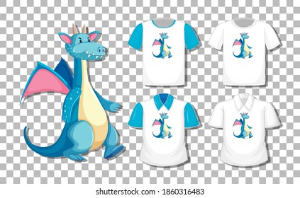 Dragon cartoon character with set of different shirts isolated on transparent background illustration
