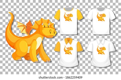 Dragon cartoon character with set of different shirts isolated on transparent background illustration