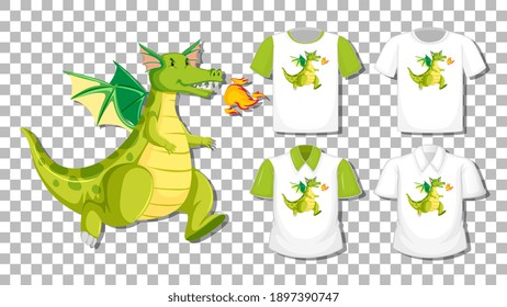 Dragon cartoon character with set of different shirts isolated on transparent background illustration