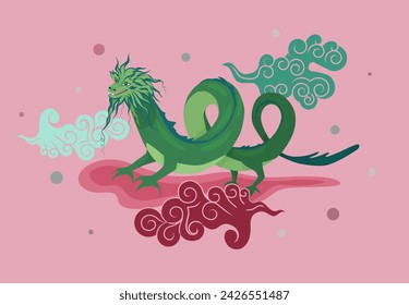 Dragon in a cartoon, cheerful style, bright colors. Clouds in Chinese style, but with bright colors. Symbol of Chinese New Year.