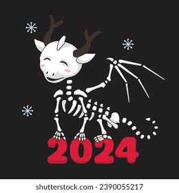 Dragon cartoon Christmas skeleton.  Concept of scary Christmas. Happy New Year party. Cute character in symple style. Vector Illustration.