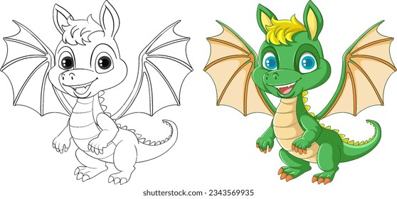 Dragon cartoon and its doodle coloring character illustration