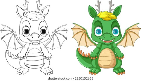 Dragon cartoon and its doodle coloring character illustration