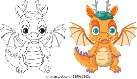 Dragon cartoon and its doodle coloring character illustration