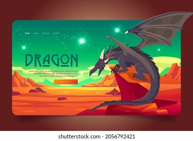 Dragon cartoon landing page. Magic powerful character sitting on rock at deserted alien planet landscape with red mountains and green sky. Fantasy creature, fairytale game or book, Vector web banner