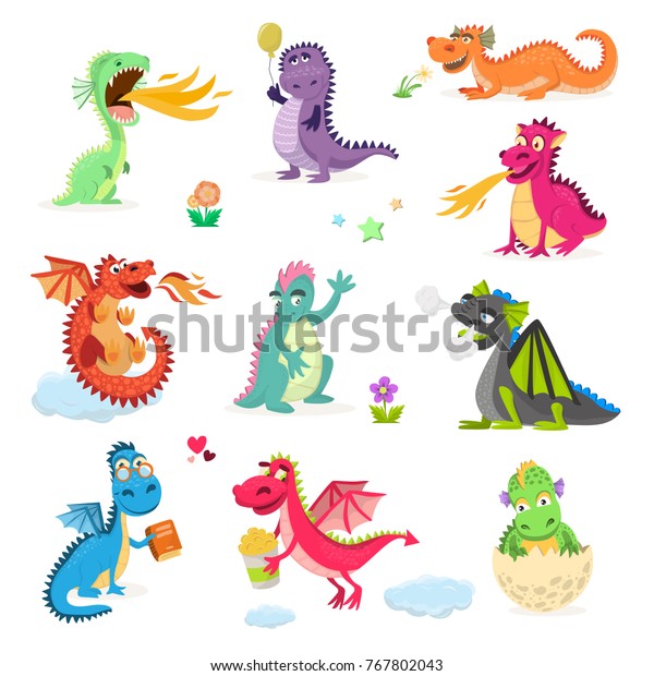 白い背景に子どものおとぎ話のディノイラスト用のドラゴンアニメのベクターかわいいドラゴンフライ ディノキャラクター恐竜 のベクター画像素材 ロイヤリティフリー