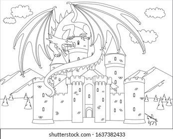 Dragon and castle. Black and white vector illustration for coloring book