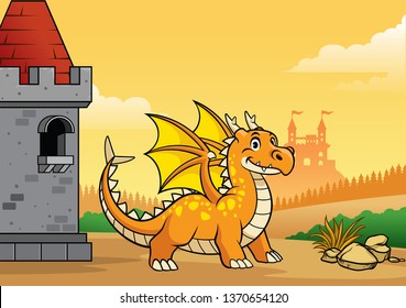 dragon and castle with cartoon style