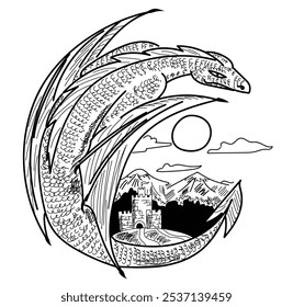 Dragon and a castle. Huge dragon flies above a fortress with mountains and forest at the background. Black and white fantasy vector illustration.