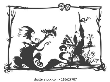 Dragon, Castle and Knight Silhouette scene.