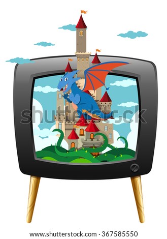 Dragon and castle on television screen illustration