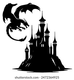 Dragon Castle Silhouette: Fantasy Fortress, Medieval Architecture, Mythical Creature, Flat Vector Illustration