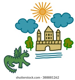 Dragon and castle simple cartoon style illustration