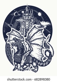 Dragon and castle tattoo art. Symbol force, fantasy, fairy tale t-shirt design 