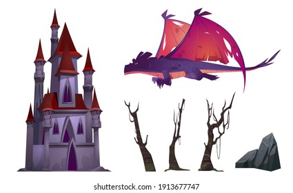 Dragon, castle, trees and rock cartoon set isolated on white background. Fantasy character, magic palace and natural objects. Fairytale images for book or computer game, vector illustration, clip art