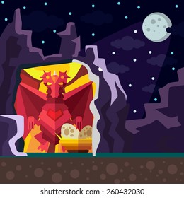 Dragon Cave. Colorful illustration style flat.