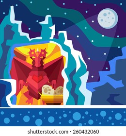 Dragon Cave. Colorful illustration style flat.