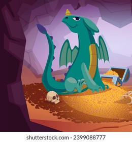 Dragon cave. Fantasy characters lizard sitting on golden coins hills treasures collection. Vector background