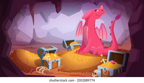 Dragon cave. Fantasy creepy beast protect jewelry fairy tale angry dragon on big stack of gem money and golden coins treasures magic exact cartoon background