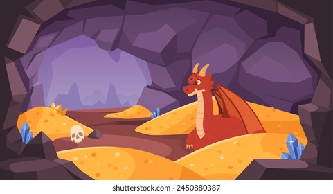 Dragon cave. Magical red dragon guards glittering gold coins piles in mysterious treasure cave. Fantasy vector illustration of dragon fantasy magic