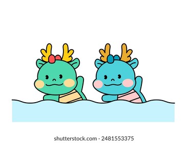 Dragon Character in Artistic Swimming. outline vector illustration.