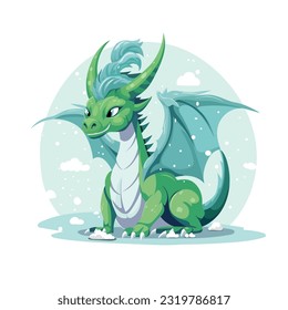 Dragon character cartoon. Winter dragon with snow and snowflakes. Symbol of the new year 2024. Green dragon. Vector illustration. Cartoon style.