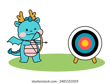 Dragon Character Doing Archery. outline vector illustration.