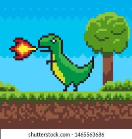Carácter dragón con fuego, elemento duelo del juego de píxeles, héroe animal acercándose a árbol y arbusto, hierba verde en el suelo, interfaz pixelada, vector de pantalla. videojuego de aplicación móvil de 8 bits