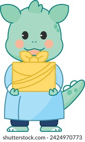 a dragon character holding a gift bundle