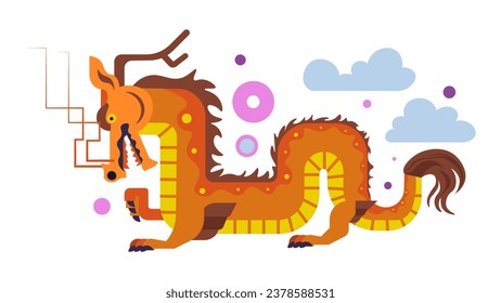 Dragon character with horns and tail, clouds effect. Isolated Chinese mythology or folklore personage, magical animal or creature, reptile from fairy tales, and stories. Vector in flat styles