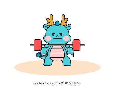 Dragon Character lifting weights. Weightlifting. outline vector illustration.