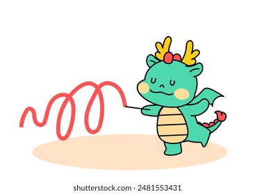 Dragon Character Performing Rhythmic Gymnastics with Ribbon. outline vector illustration.
