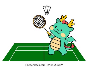 Dragon Character Playing Badminton. outline vector illustration.