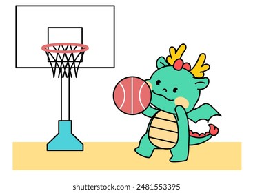 Dragon Character Playing Basketball. outline vector illustration.