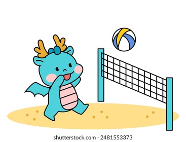 Dragon Character Playing Beach Volleyball. outline vector illustration.