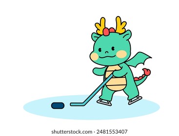 Dragon Character Playing Hockey. outline vector illustration.