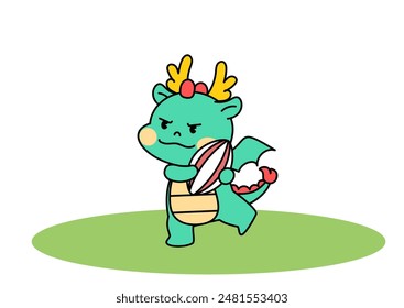 Dragon Character Playing Rugby. outline vector illustration.