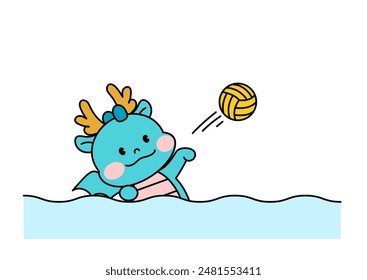 Dragon Character Playing Water Polo. outline vector illustration.